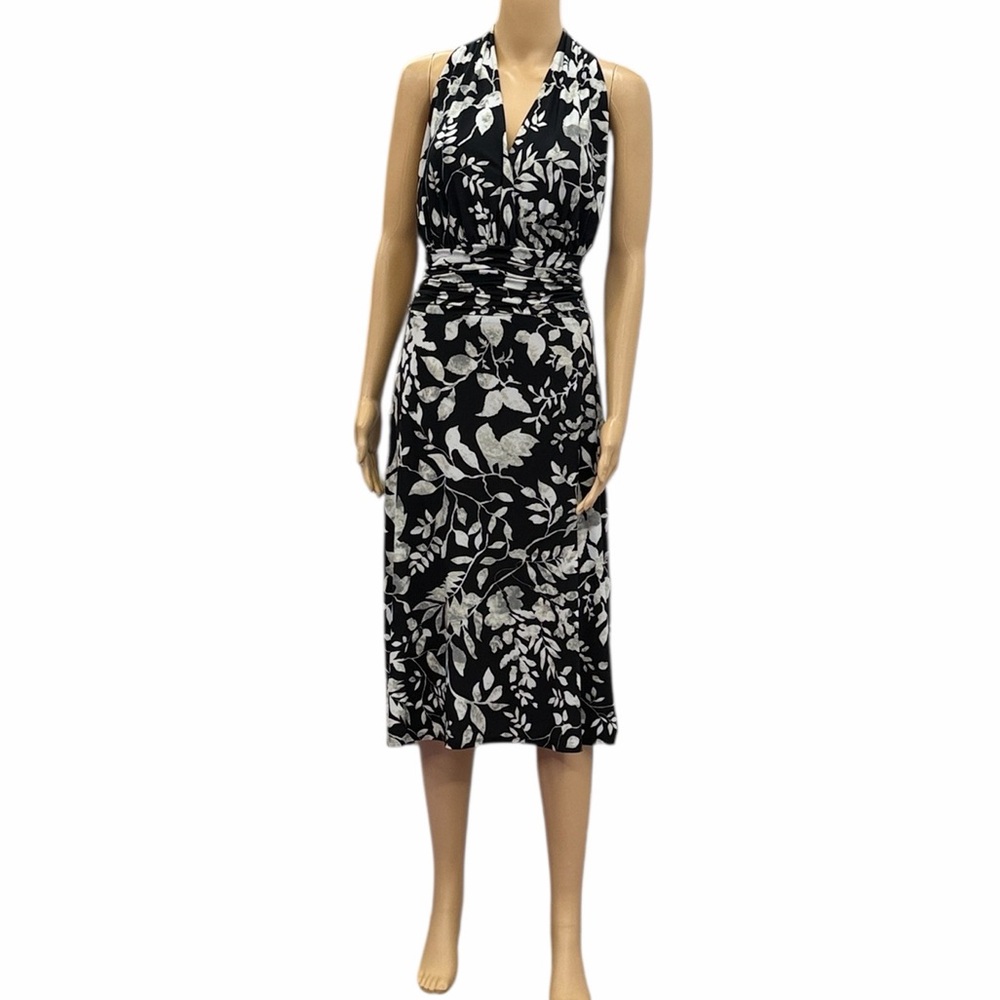 Evan Picone Black Floral Sleeveless Ruched Waist Midi Dress Womens 14
